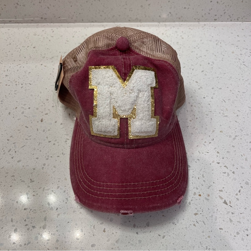 M Logo Burgundy and Tan Trucker hat with Glitter M